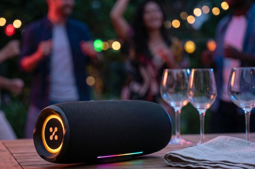 XMUSIC BTS860 - głośnik sotjący na stoliku obok kieliszków do wina