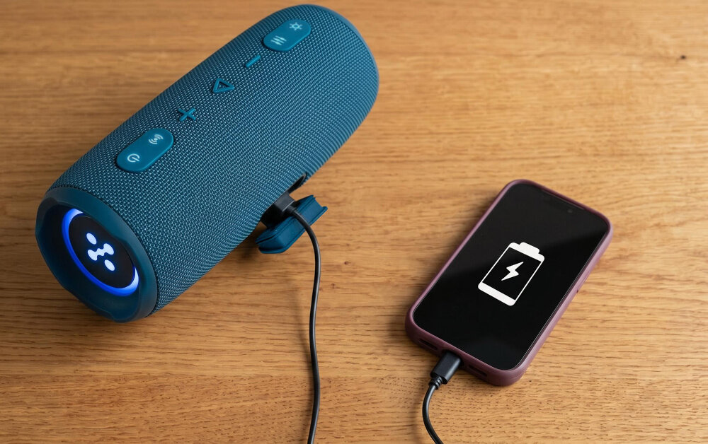 Na drewnianym stole znajduje się niebieski głośnik mobilny z podświetlanym panelem oraz smartfon z ikoną ładowania baterii na ekranie. Oba urządzenia są połączone kablem USB.