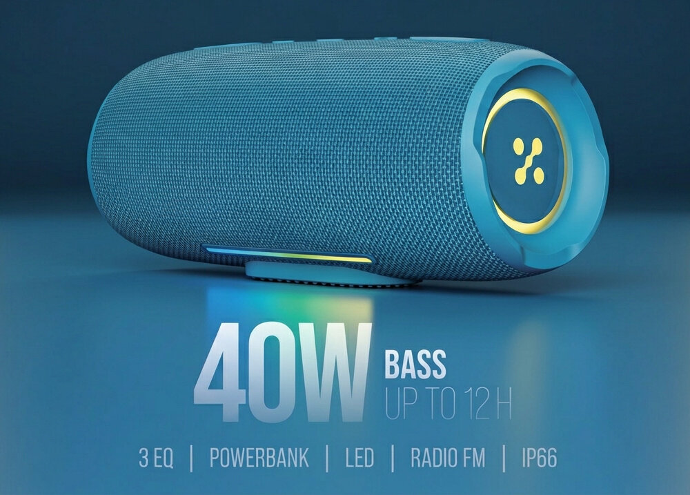 Niebieski głośnik mobilny z widocznym logo na boku, otoczony niebieskim światłem. Tekst na obrazie: \'40W BASS UP TO 12H\', \'3 EQ\', \'POWERBANK\', \'LED\', \'RADIO FM\', \'IP66\'.