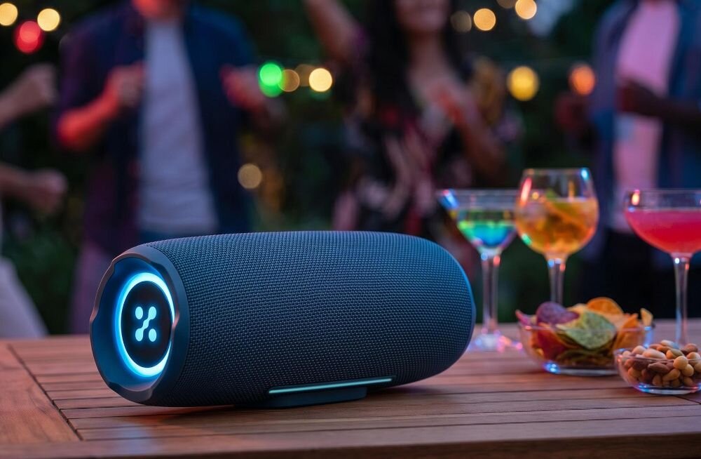 XMUSIC BTS860 - głośnik sotjący na stoliku obok kieliszków do wina