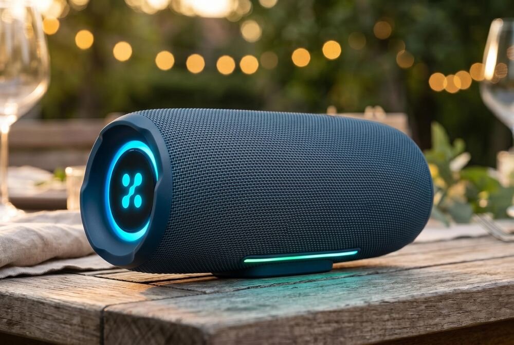 XMUSIC BTS860 - głośnik stojący na drewnianym blacie w plenerze