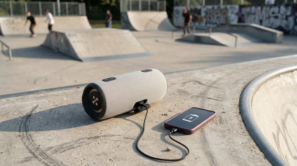 Na betonowej powierzchni skateparku leży szary głośnik mobilny podłączony kablem do przenośnego urządzenia z symbolem baterii. W tle widać rampy i kilka osób korzystających z parku.