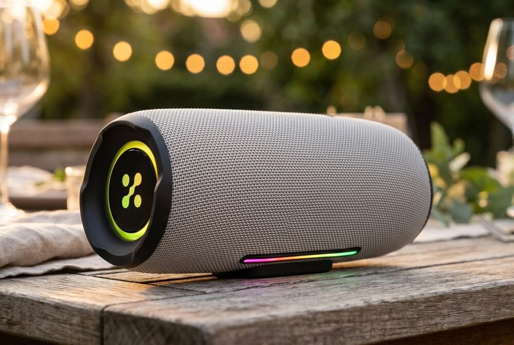 XMUSIC BTS860 - głośnik stojący na drewnianym blacie w plenerze