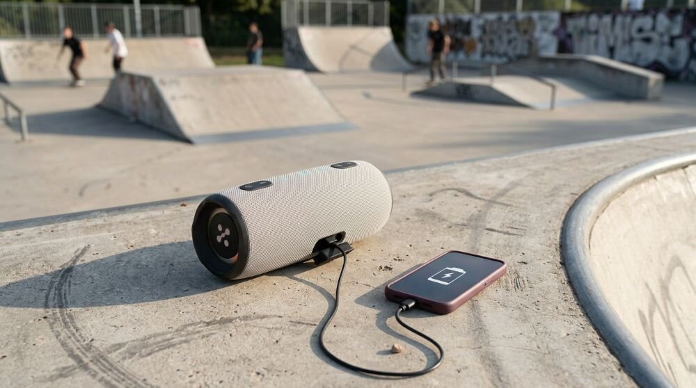 XMUSIC BTS860 - głośnik stojący na betonowej wylewce z podłączonym do ładowania smartfonem