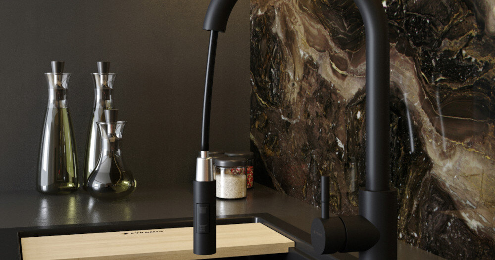 ZLEWOZMYWAK PYRAMIS SIROS 1B + BATERIA + ROLMATA CZARNY bateria Funkcjonalna wyciągana wylewka elastyczność korzystania