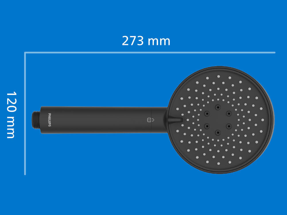 Słuchawka prysznicowa PHILIPS ASH1516BK Czarna Wymiary słuchawki prysznicowej Philips: długość 273 mm i średnica głowicy 120 mm.