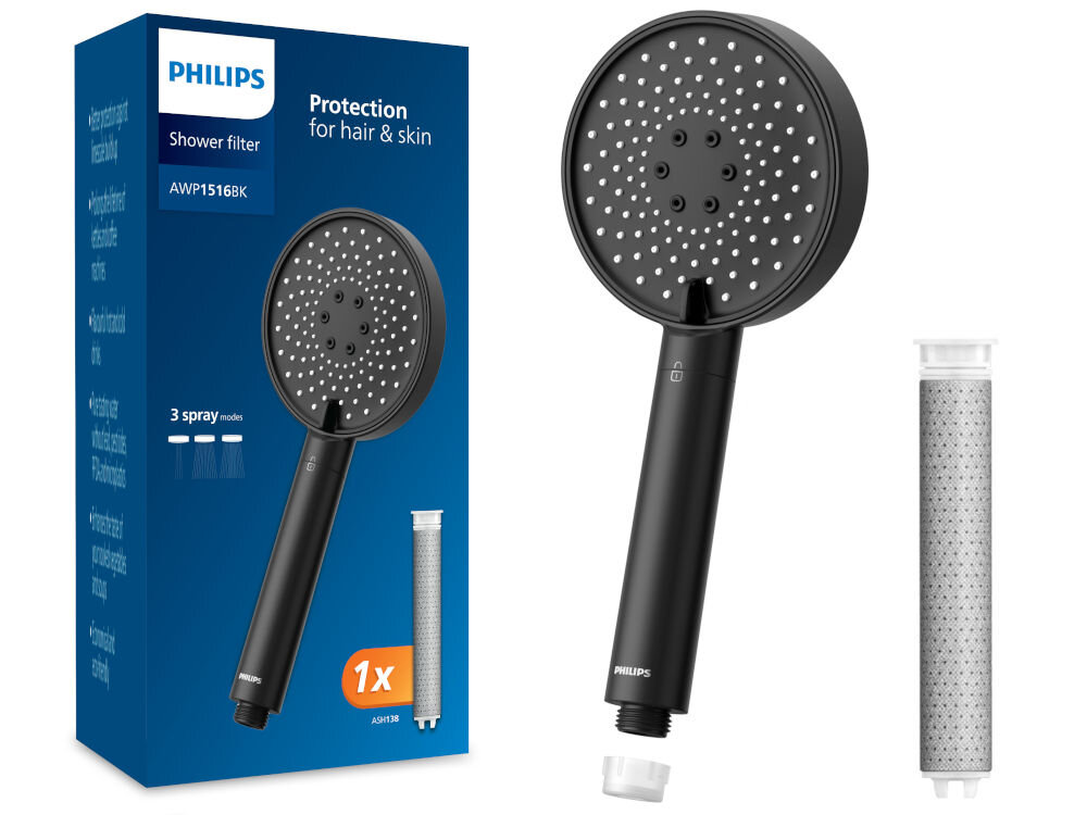 Słuchawka prysznicowa PHILIPS ASH1516BK Czarna Zestaw Philips AWP1516BK: opakowanie, czarna słuchawka prysznicowa z filtrem i zapasowy wkład.