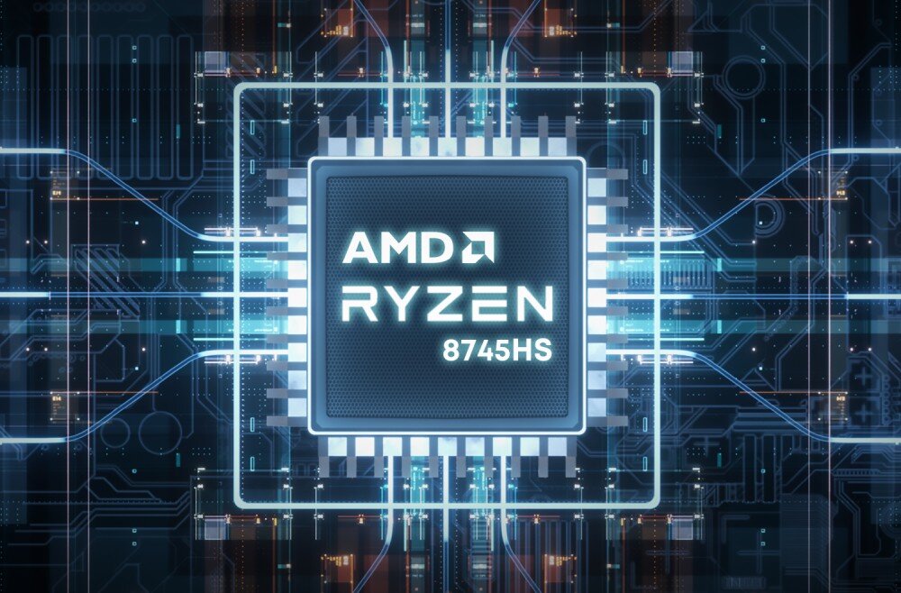 Komputer CHUWI AuBox-P-K1 Grafika przedstawiająca procesor z napisem 'AMD Ryzen 8745HS' umieszczony centralnie na tle schematycznej siatki połączeń i ścieżek układu scalonego, procesor, rdzenie, architektura, wydajność