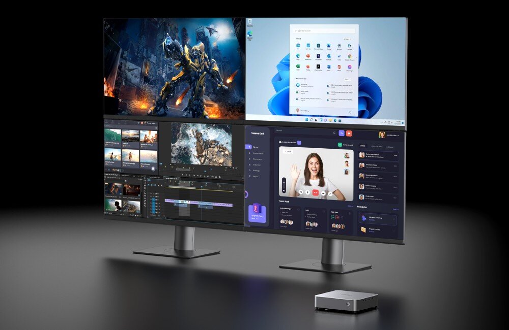 Komputer CHUWI AuBox-P-K1 Dwa monitory ułożone pionowo jeden nad drugim, każdy z otwartymi aplikacjami i treściami multimedialnymi, obok których stoi miniaturowy komputer, monitory, rozdzielczość, odświeżanie, podłączenie