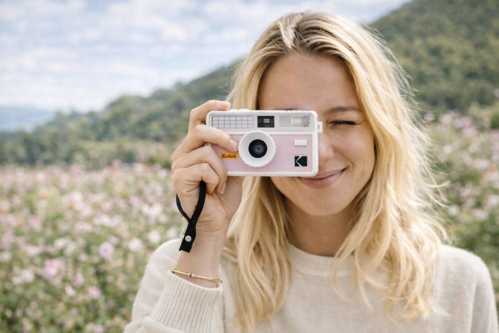 KODAK i60 aparat analogowy w rękach kobiety ostrzenie do nieskończoności migawka 1/120 s wizjer optyczny