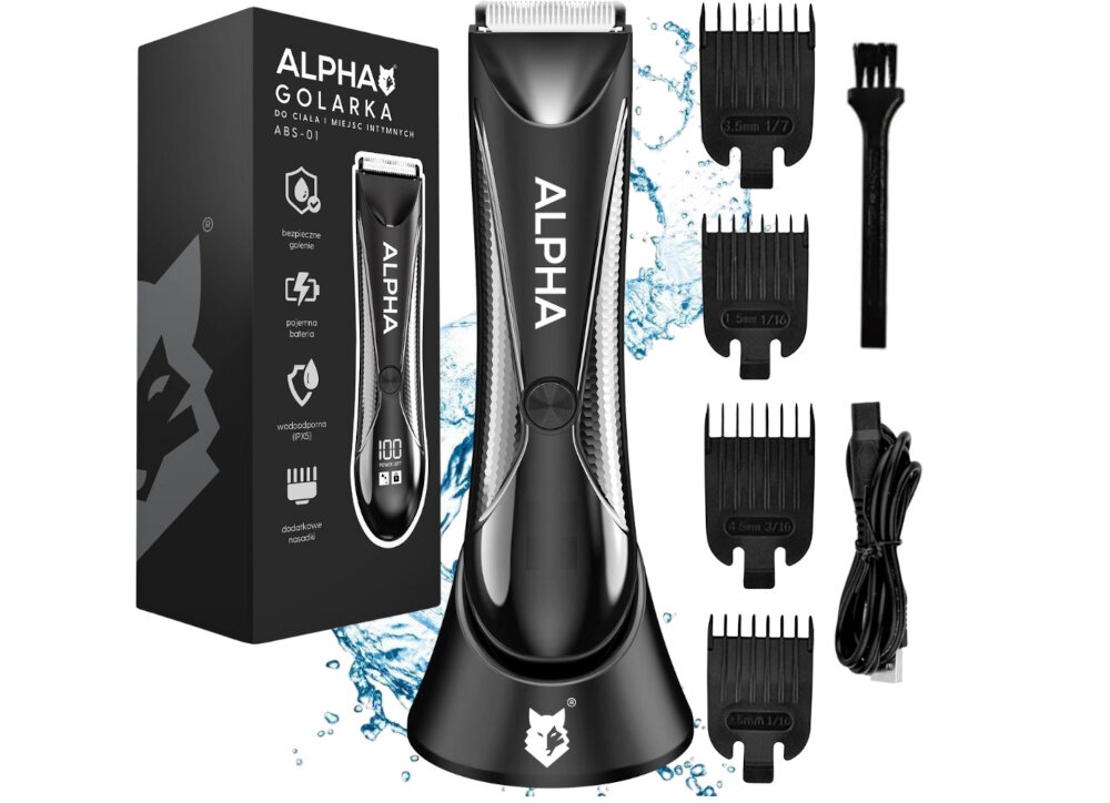 Na obrazie znajduje się strzyżarka ALPHA z akcesoriami, w tym czterema nasadkami, szczoteczką do czyszczenia i kablem. Obok widoczne jest opakowanie z napisem \'ALPHA GOLARKA DO CIAŁA I MIEJSC INTYMNYCH ABS-01\'.