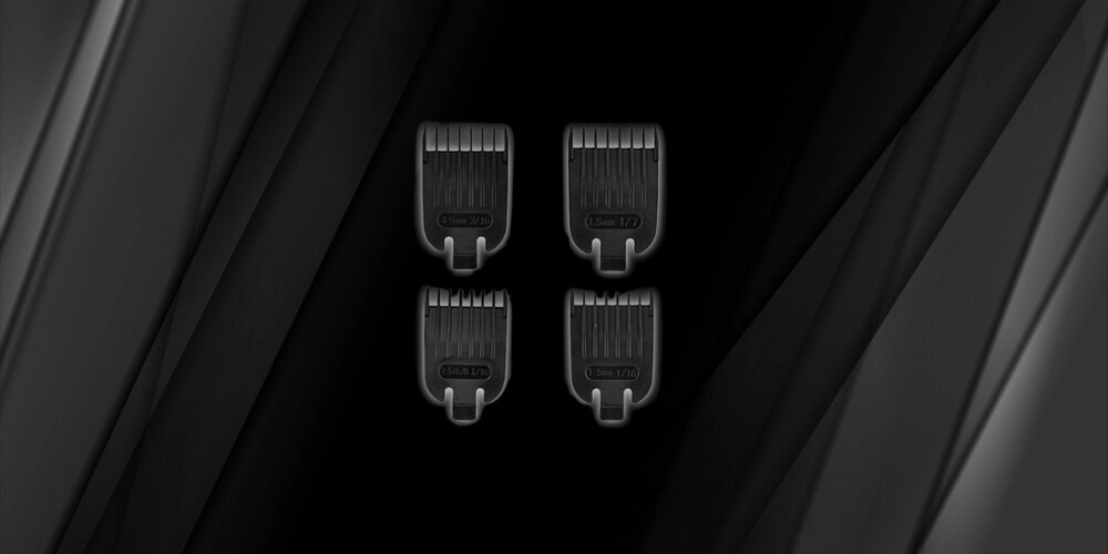 Cztery czarne nasadki do strzyżarki z widocznymi oznaczeniami długości: 3 mm, 6 mm, 9 mm i 12 mm, na ciemnym tle.