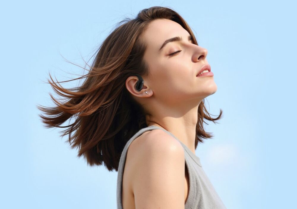 SkyBuds AI słuchawki bezprzewodowe z ekranem dotykowym i aplikacją Ear Dance, kolor beżowy