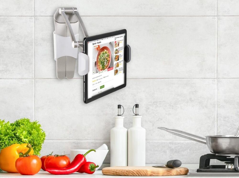 Uchwyt kuchenny ErgoFix H7 srebrny – do smartfona i tabletu, z montażem ściennym i stołowym