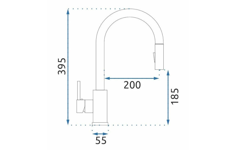 Schemat baterii z wymiarami: wysokość 395 mm, zasięg wylewki 200 mm, wysokość wylewki 185 mm, szerokość podstawy 55 mm.