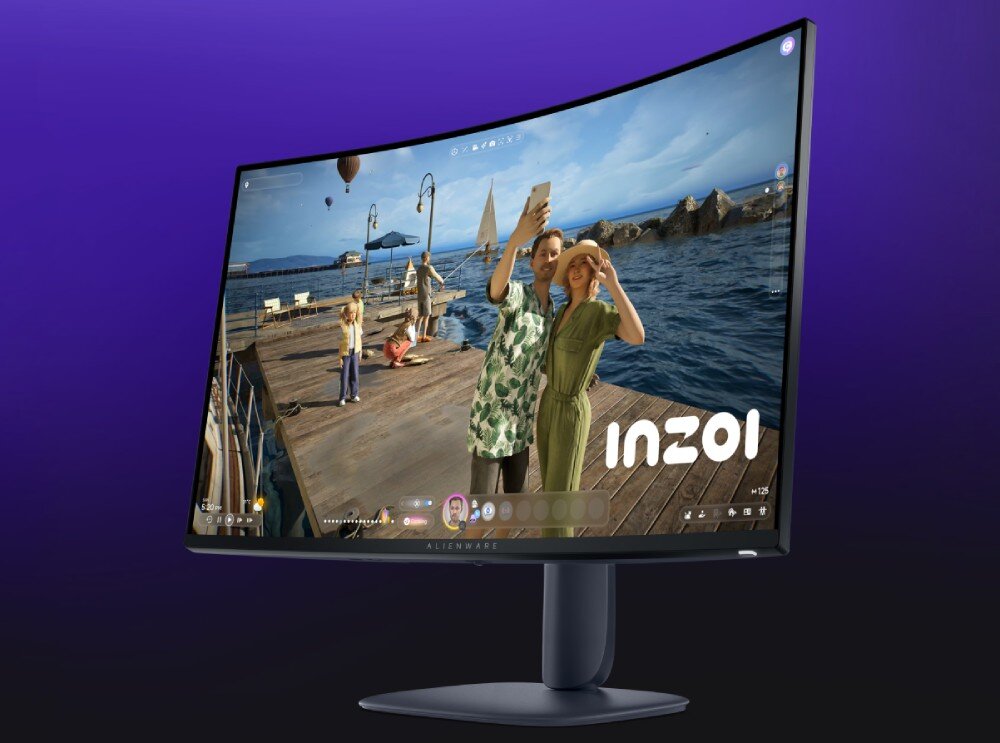 Monitor DELL Alienware AW3225DM Ekran monitora prezentujący parę postaci robiących sobie zdjęcie typu selfie na molo w wirtualnym świecie gry