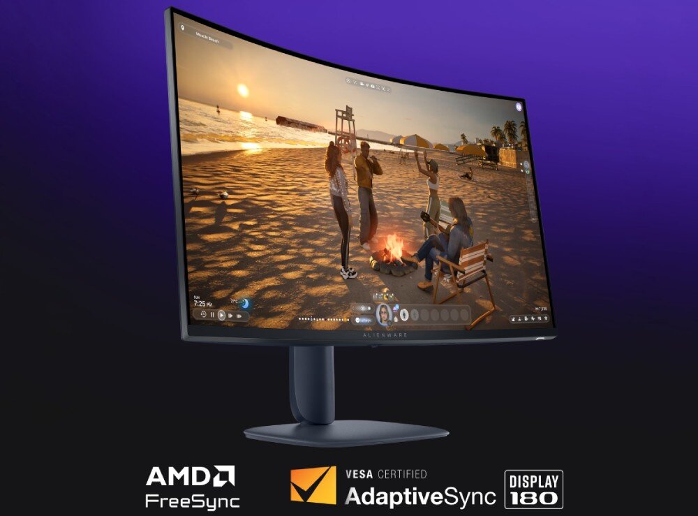 Monitor DELL Alienware AW3225DM Monitor pokazujący scenę z gry z postaciami na plaży przy ognisku, poniżej widoczne logotypy AMD FreeSync i VESA AdaptiveSync
