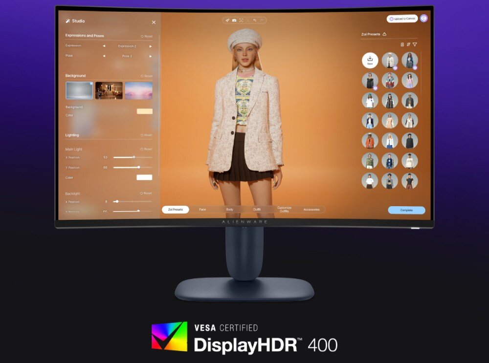 Monitor DELL Alienware AW3225DM Monitor wyświetlający kreator postaci w grze, a pod nim grafika z logo certyfikatu VESA DisplayHDR 400