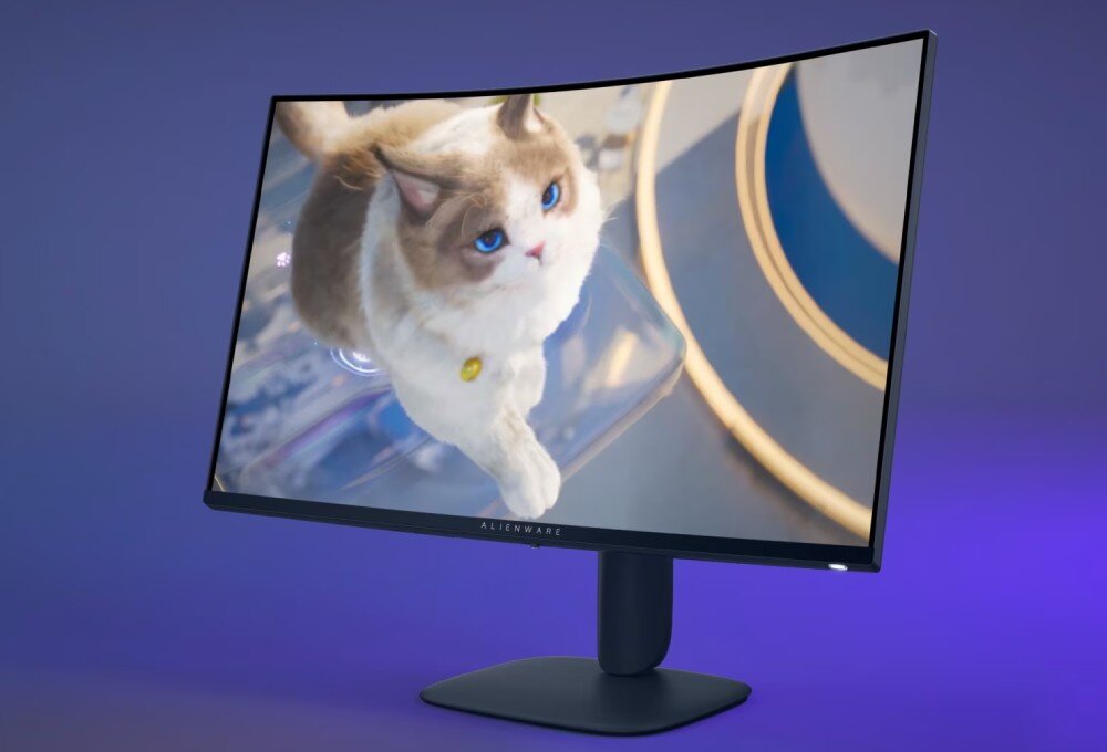 Monitor DELL Alienware AW3225DM Zakrzywiony monitor wyświetlający grafikę 3D z puszystym kotem o niebieskich oczach w dynamicznej pozie