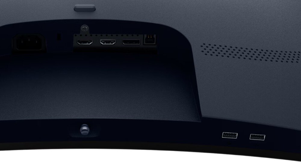 Monitor DELL Alienware AW3225DM Zbliżenie na tylny panel portów monitora ukazujące gniazdo zasilania, dwa porty HDMI, DisplayPort oraz port USB typu B