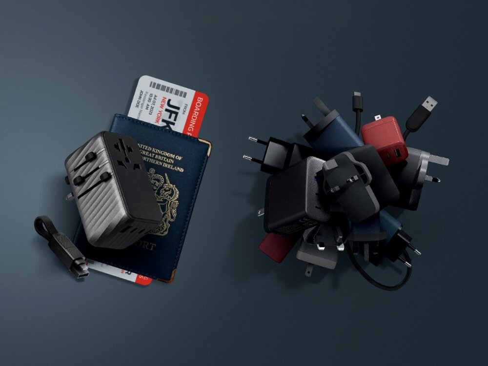Adapter podróżny ENERGEA TravelWorld Adapter 1 x USB-A 2 x USB-C (Globalny), kompatybilność, państwa, przełączanie, przejściówek, na czarnym tle różnego rodzaju wejścia