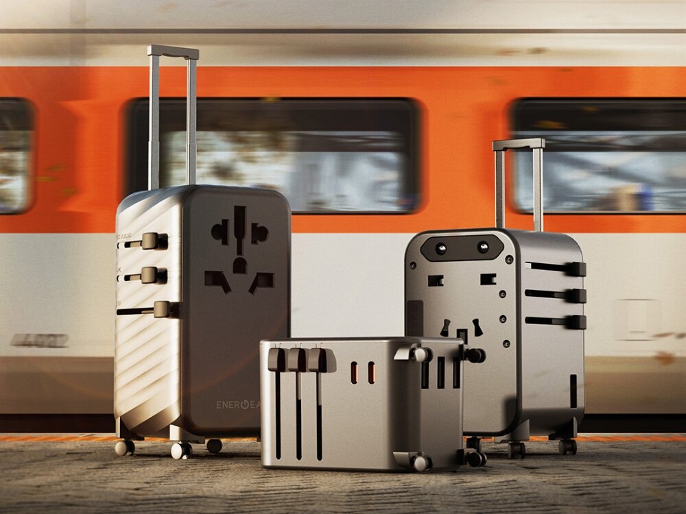 Adapter podróżny ENERGEA TravelWorld Adapter 3 x USB-A 2 x USB-C (Globalny),  porty, usb, ładowanie, W, w tle pociąg, na periwszym planie wizualizacja ładowarek jako torby podróżnicze