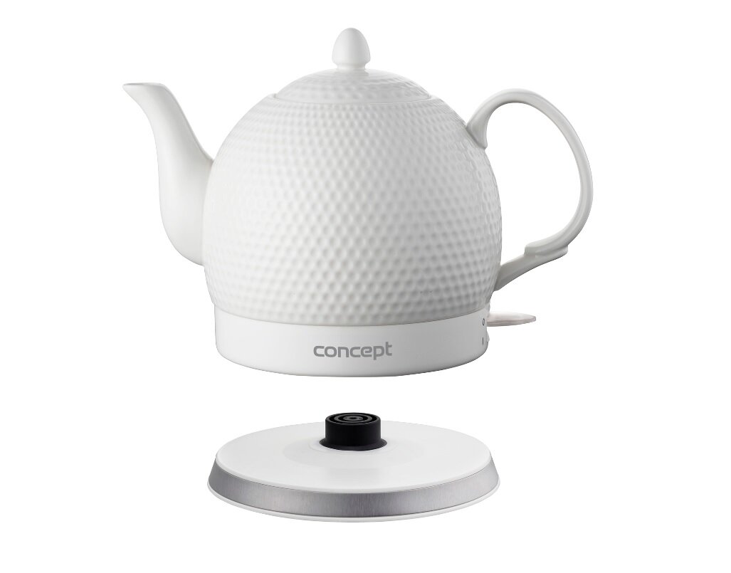 Biały czajnik elektryczny o fakturowanej powierzchni z napisem \'concept\' na podstawie. Obok znajduje się okrągła, biała podstawa z czarnym elementem pośrodku.