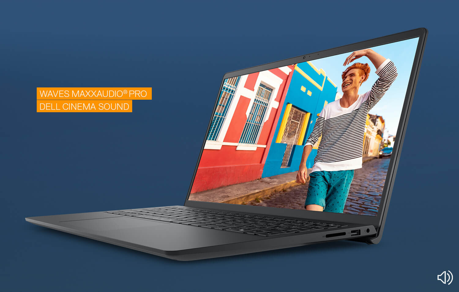 Laptop z otwartym ekranem, na którym widoczna jest osoba na tle kolorowych budynków. Na obrazie znajduje się tekst: \'WAVES MAXXAUDIO® PRO DELL CINEMA SOUND\'.