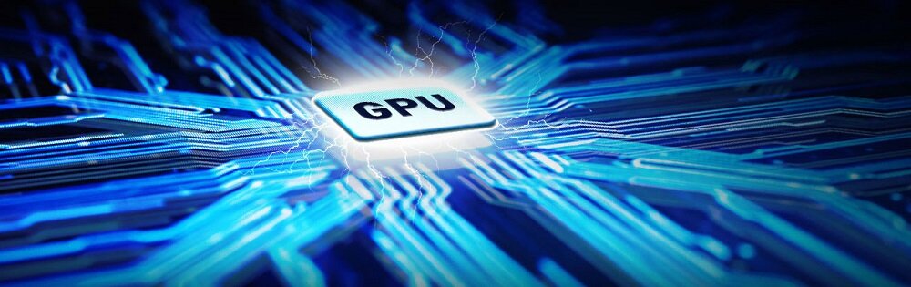Obraz przedstawia stylizowany układ scalony z napisem \'GPU\', otoczony niebieskimi ścieżkami przypominającymi obwody elektryczne.