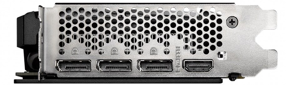 Obraz przedstawia tylną część karty graficznej z metalową osłoną z otworami wentylacyjnymi. Widoczne są cztery porty DisplayPort i jeden port HDMI.