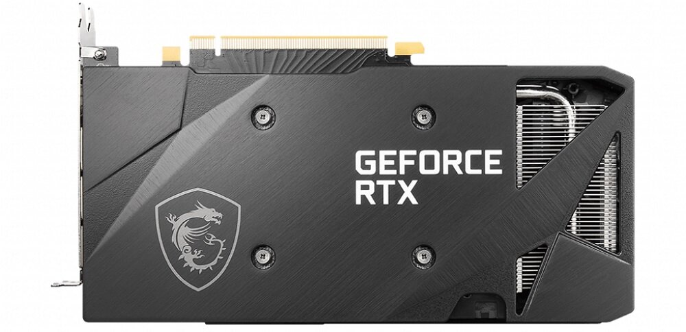 Obraz przedstawia tylną część karty graficznej z napisem \'GEFORCE RTX\' oraz logo smoka. Widoczne są elementy konstrukcyjne i chłodzące.