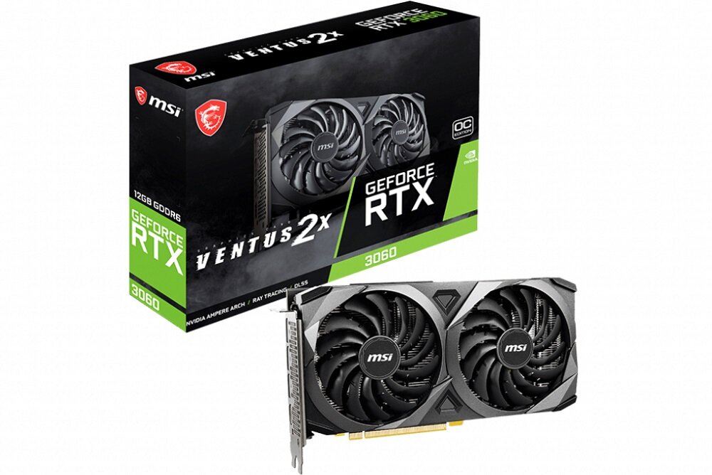 Na obrazie widoczna jest karta graficzna z dwoma wentylatorami oraz jej opakowanie z napisami: \'VENTUS 2X\', \'GEFORCE RTX\', \'3060\'. Logo producenta to \'msi\'.