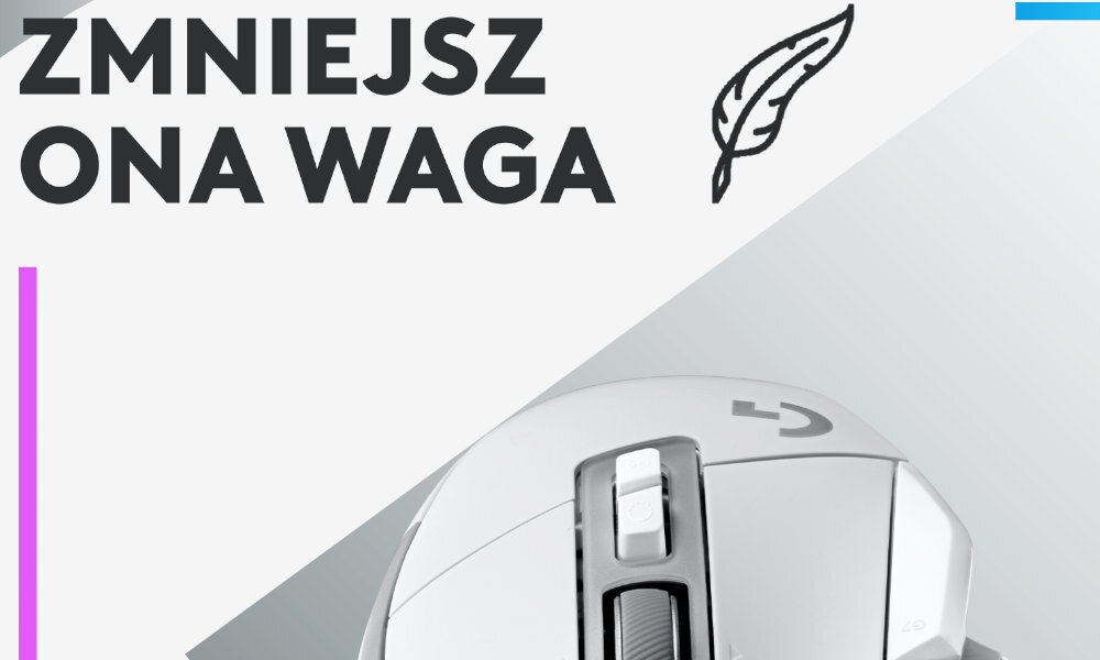Na obrazie widoczna jest biała mysz komputerowa z logo \'G\' oraz tekst \'ZMIEJSZ ONA WAGA\' i rysunek piórka.
