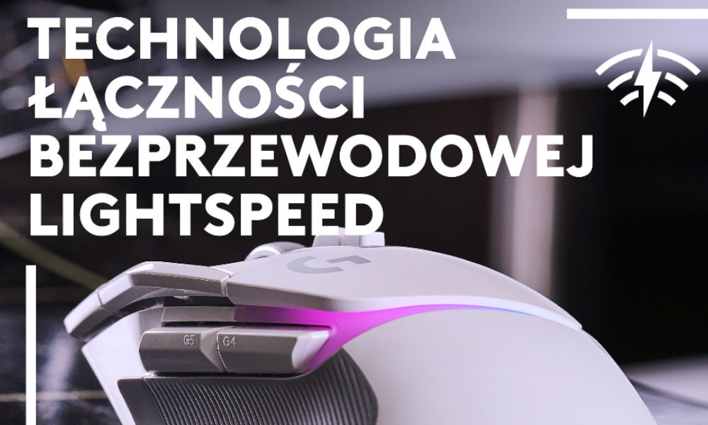 Na obrazie widoczna jest biała mysz komputerowa z podświetleniem, z przyciskami oznaczonymi jako G5 i G4. W tle znajduje się tekst: \'TECHNOLOGIA ŁĄCZNOŚCI BEZPRZEWODOWEJ LIGHTSPEED\'.