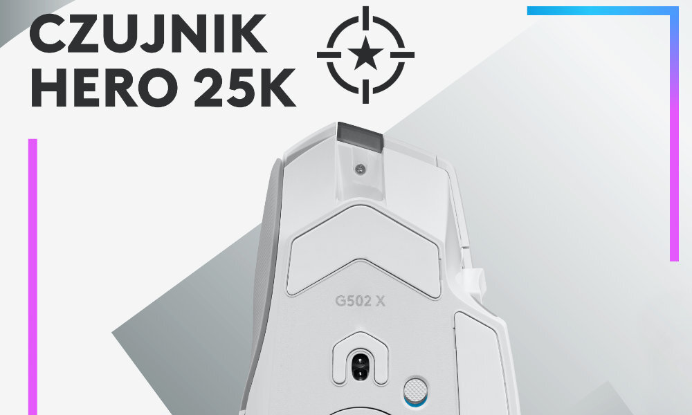 Obraz przedstawia białą mysz komputerową z napisem \'G502 X\' oraz tekstem \'CZUJNIK HERO 25K\' obok symbolu celownika. Tło jest jasne z kolorowymi liniami w rogach.