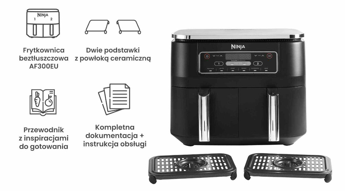 Frytkownica beztluszczowa NINJA Foodi AF300EU Air Fryer z podwojnym koszem zestaw akcesoria komplet wyposazenie