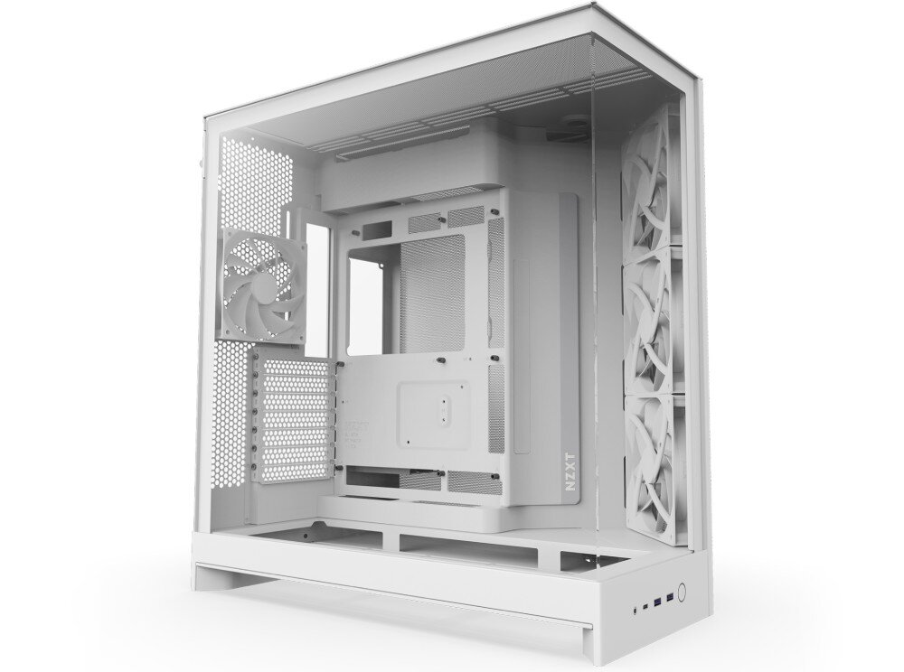 Obudowa NZXT H9 Flow Przeszklona obudowa komputerowa, ujęcie z trzech czwartych z przodu. Widoczny wentylator tylny, boczny zestaw wentylatorów, panel przedni z portami i logo NZXT