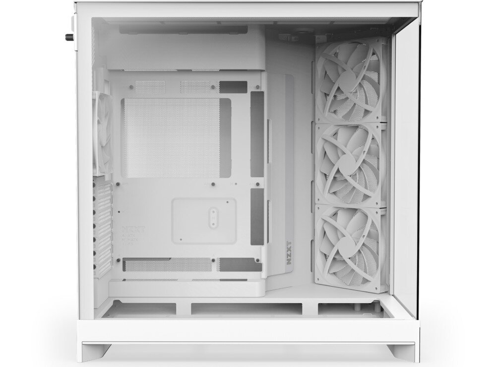 Obudowa NZXT H9 Flow Obudowa komputerowa, widok z boku przez szklany panel. Widać wnętrze: miejsce na płytę główną, boczny zestaw trzech wentylatorów oraz tylny wentylator