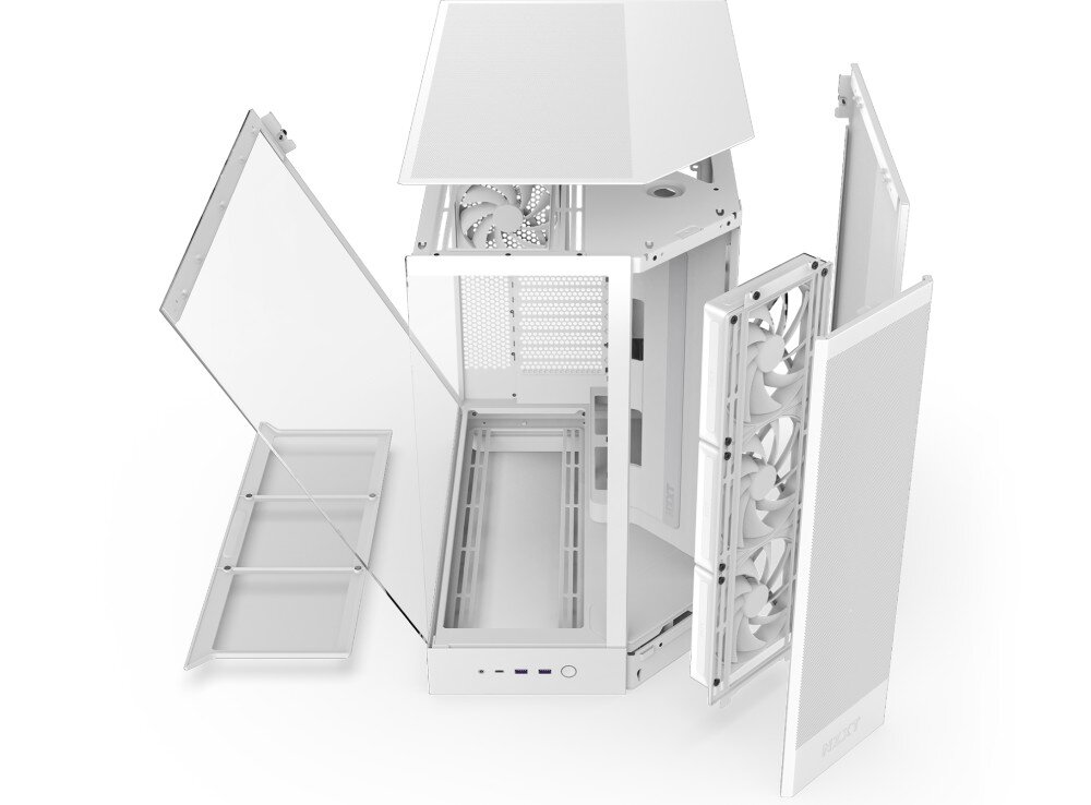 Obudowa NZXT H9 Flow Rozłożona obudowa komputerowa na części. Widoczne panele szklane, siatki przeciwkurzowe, wentylatory, stelaż obudowy i górny panel mesh, ujęcie z góry