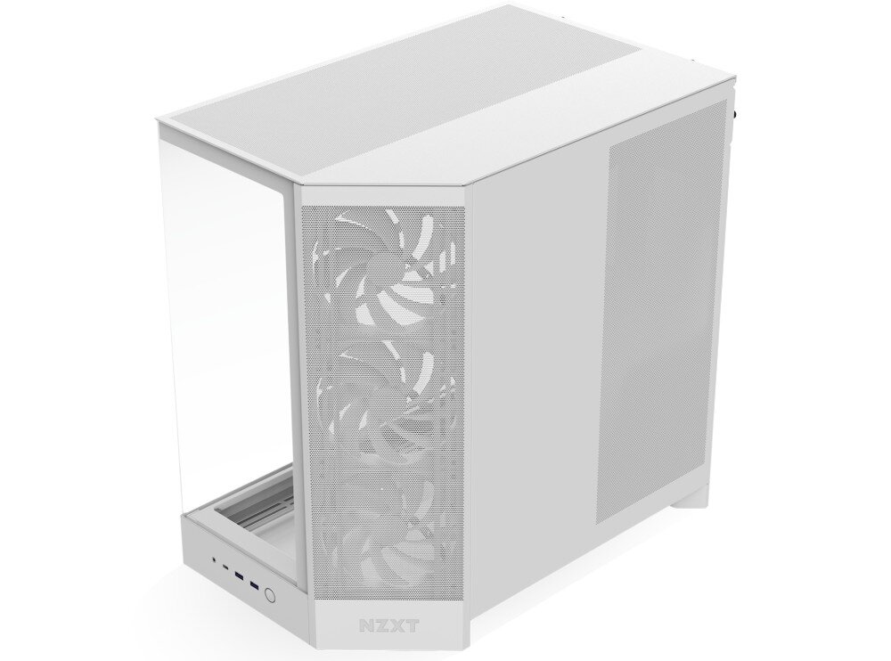 Obudowa NZXT H9 Flow Obudowa komputerowa, widok z góry pod kątem. Górny panel z siatki mesh, przedni panel ze szkła i boczny panel z siatki z widocznymi trzema wentylatorami i logo
