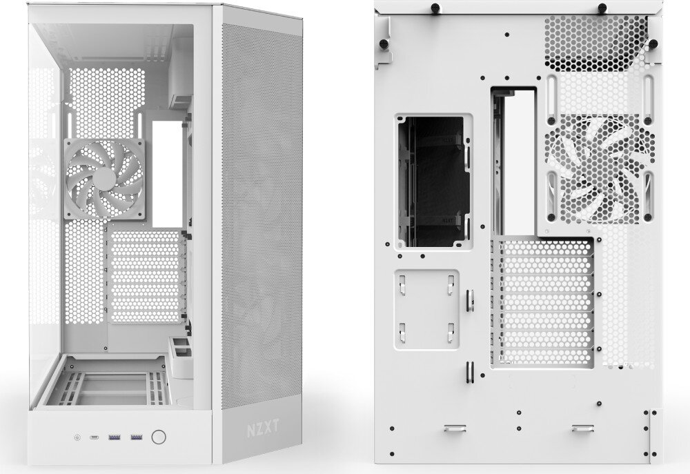 Obudowa NZXT H9 Flow Dwuczęściowe zdjęcie obudowy: po lewej widok z przodu pod kątem z otwartym wnętrzem i panelami; po prawej widok z tyłu z układem otworów na porty i wentylator