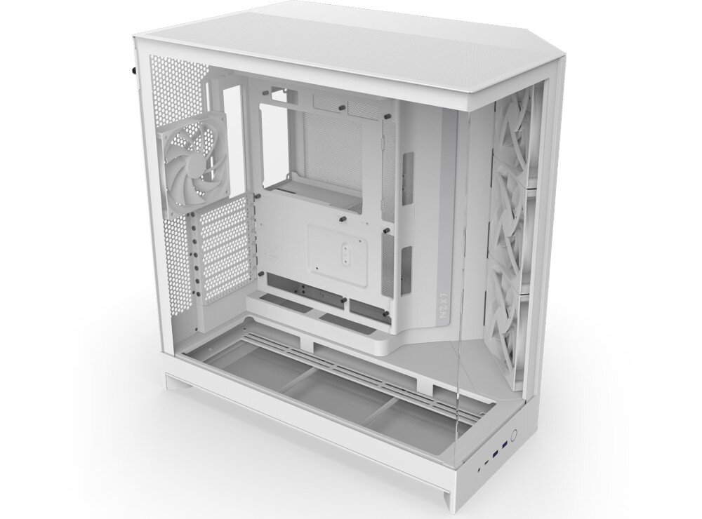 Obudowa NZXT H9 Flow Widok wnętrza obudowy komputerowej z góry pod kątem przez otwarty boczny i przedni szklany panel. Widać stelaż, tylny i boczne wentylatory oraz logo NZXT