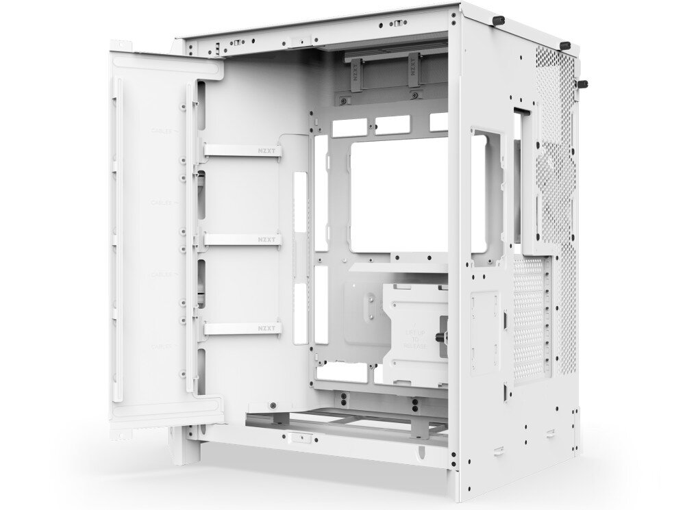Obudowa NZXT H9 Flow Obudowa komputerowa z otwartym tylnym panelem. Widoczne wnętrze od strony zarządzania okablowaniem: opaski z rzepami, kanały na kable, logo NZXT i miejsce na dyski