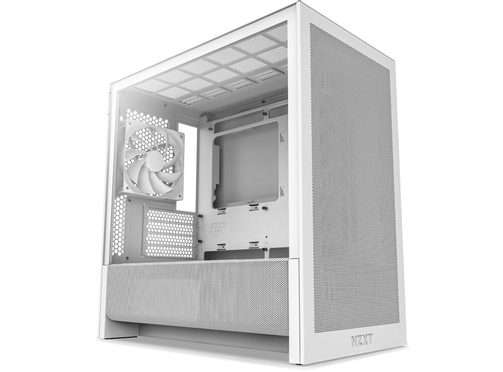 Obudowa NZXT H3 Flow Obudowa komputerowa widziana od przodu i z boku pod kątem. Ma przeszklony panel boczny, dolną część z siatki mesh oraz wentylator z tyłu