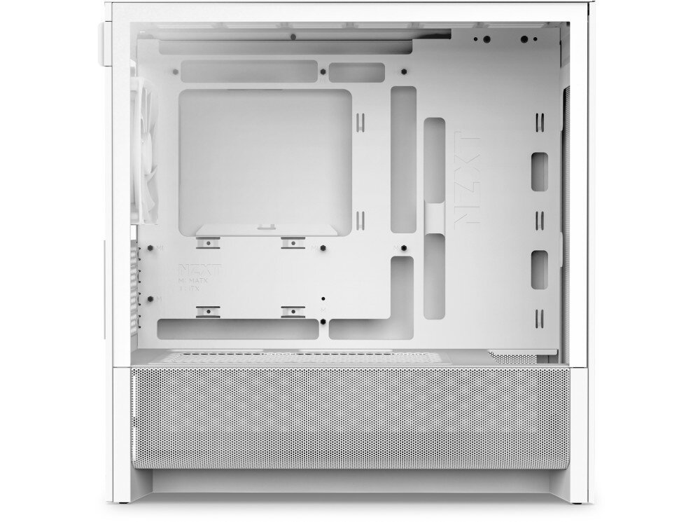 Obudowa NZXT H3 Flow Widok na wnętrze obudowy komputerowej od strony przeszklonego panelu bocznego. Widoczne miejsce na płytę główną oraz dolny panel z siatki mesh