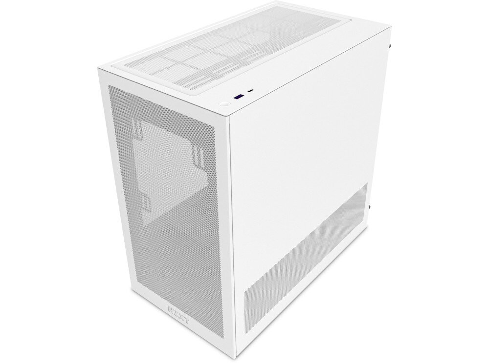Obudowa NZXT H3 Flow Obudowa komputerowa ujęta z góry od strony pełnego panelu bocznego. Na górnej krawędzi umieszczono przycisk zasilania oraz porty I/O