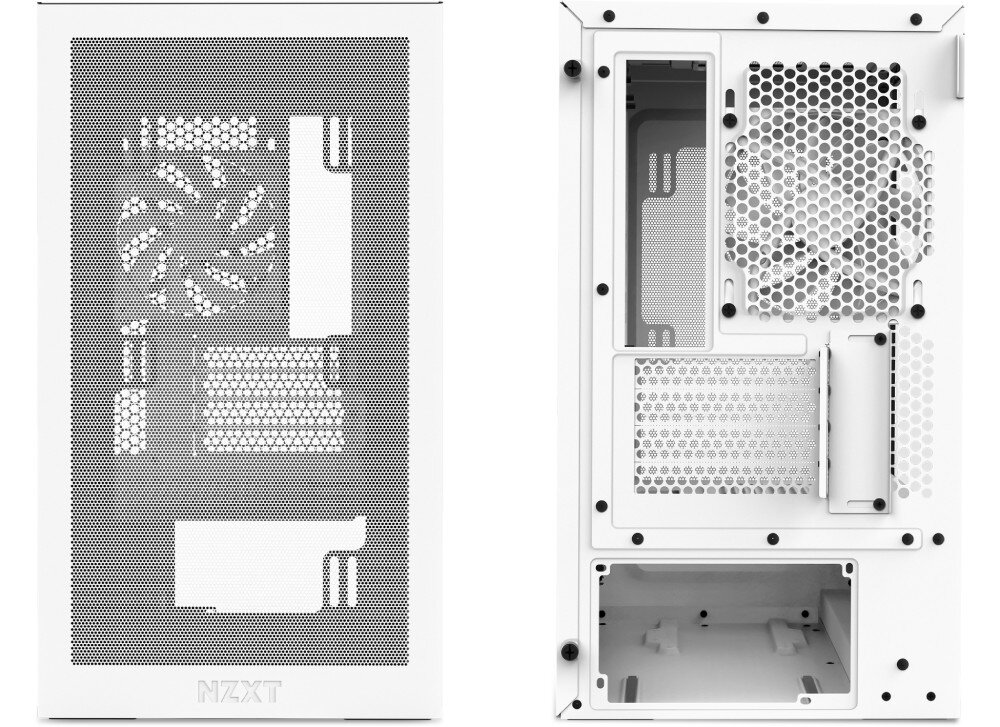 Obudowa NZXT H3 Flow Dwa ujęcia obudowy komputerowej: po lewej widok na przedni panel z siatki mesh, po prawej widok na tylny panel z miejscem na zasilacz i wentylatorem