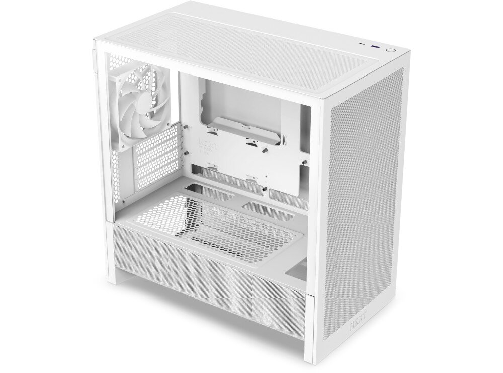 Obudowa NZXT H3 Flow Obudowa komputerowa pokazana z góry pod kątem od strony przeszklonego panelu bocznego. Widoczny jest wentylator oraz perforowana góra i dół