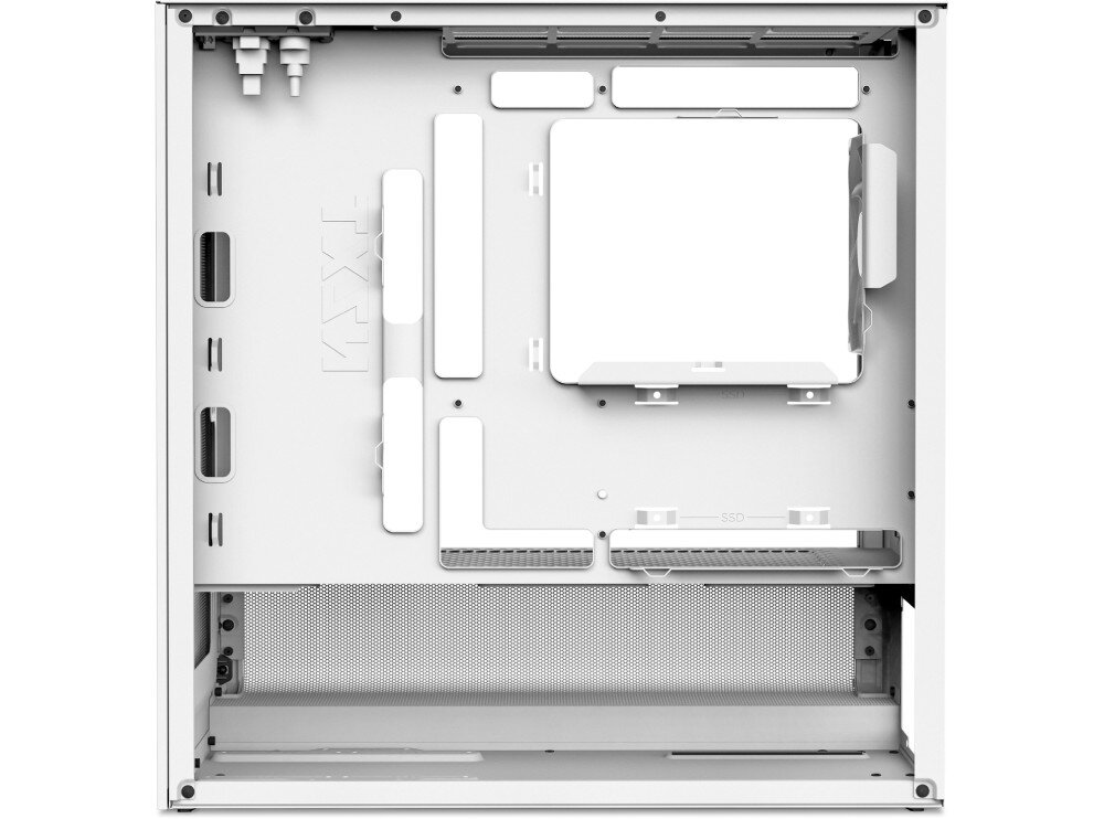 Obudowa NZXT H3 Flow Widok na tylną przestrzeń roboczą obudowy komputerowej przeznaczoną do prowadzenia przewodów, z wycięciem na montaż chłodzenia procesora