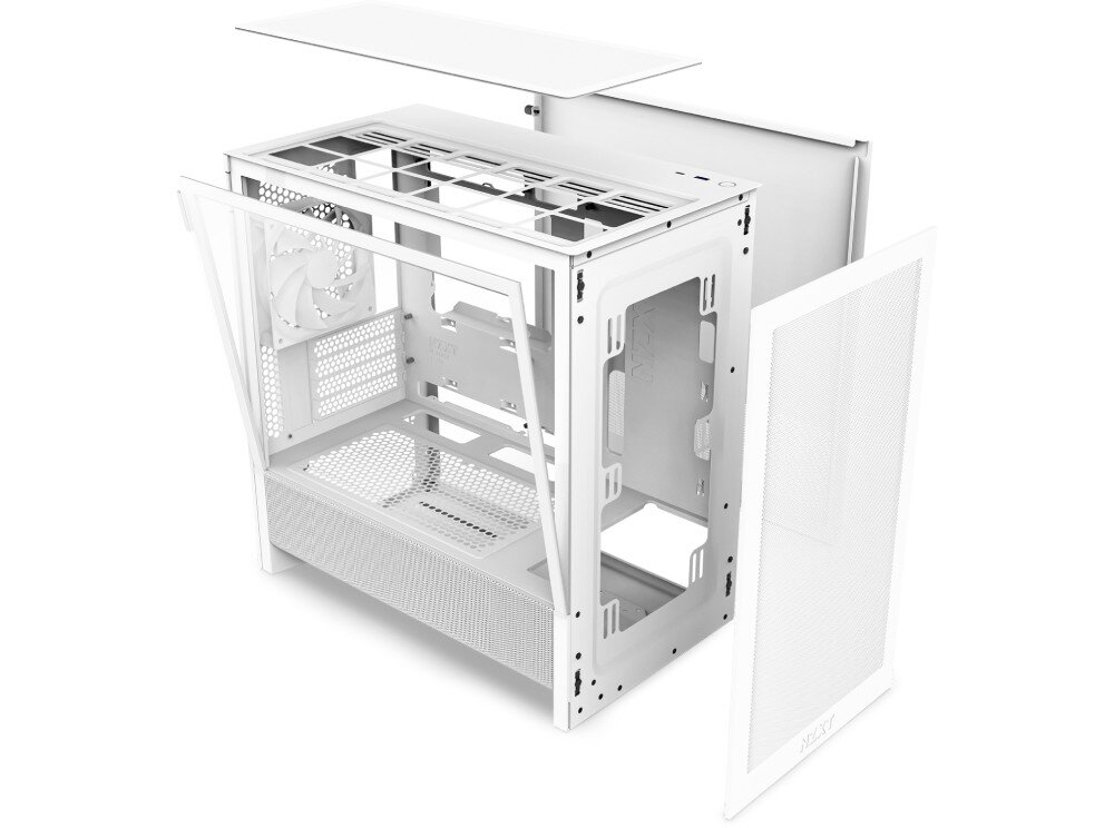 Obudowa NZXT H3 Flow Rozmontowana obudowa komputerowa z odłączonym przednim panelem mesh, górnym filtrem przeciwkurzowym oraz otwartym szklanym bokiem